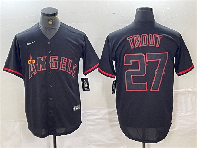 Men's Los Angeles Angels #27 Mike Trout Black Red Cool Base Stitched Baseball Jersey